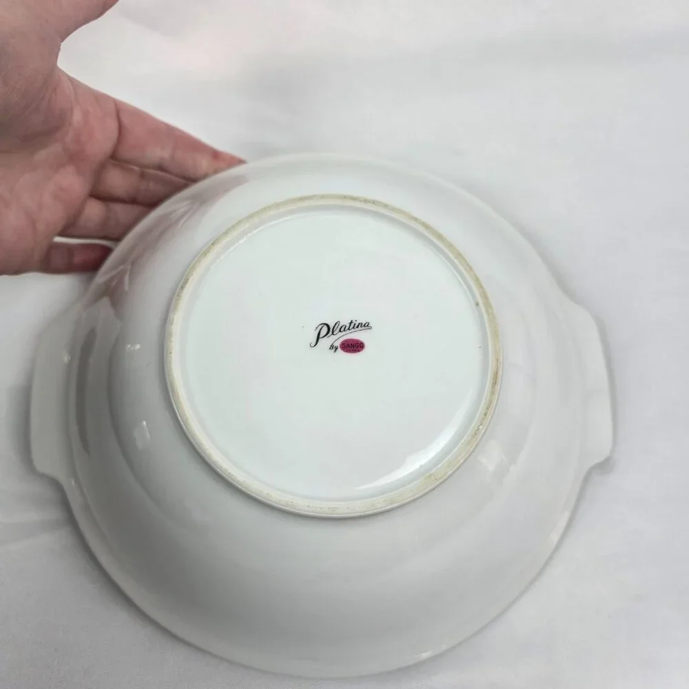 Sango Plantina Round Serving Bowl 9 Inch White with Gray Band & Platinum Trim